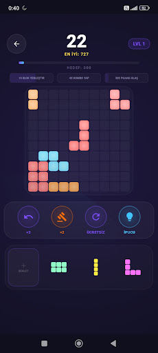 Blocks placed on a neon puzzle grid